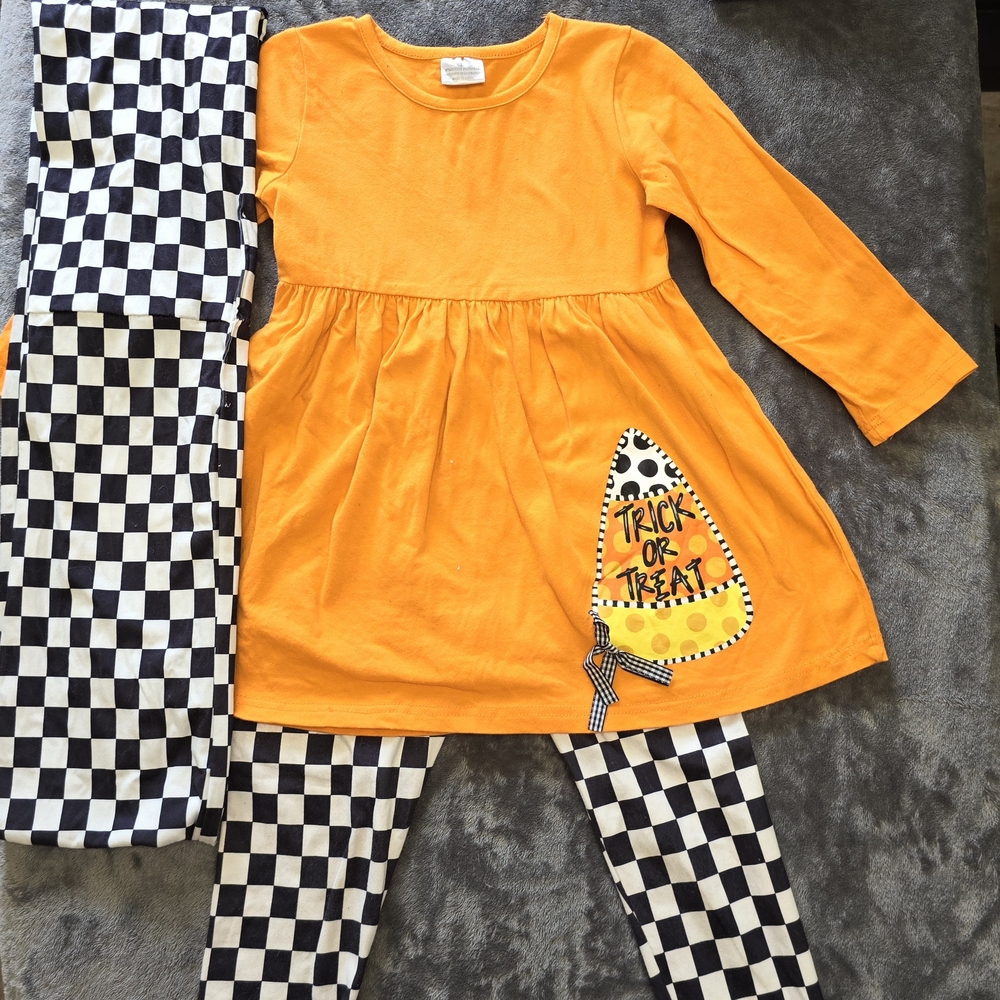 Orange Halloween Trick or Treat Top w/ Checkered Leggings and Infinity Scarf
